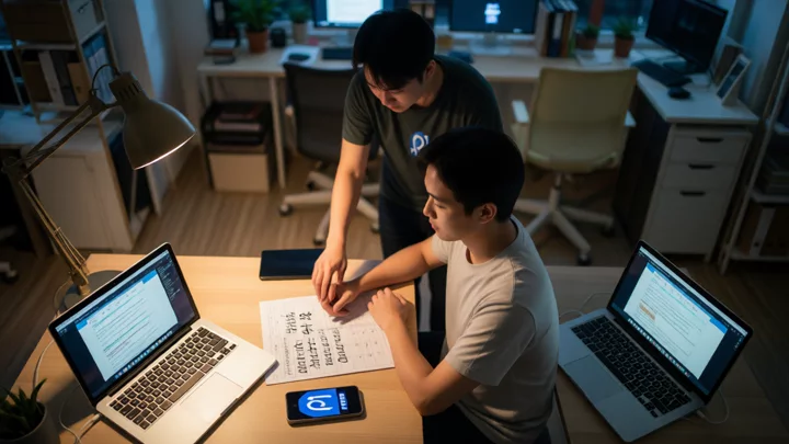 夜间办公室里运营人员同时查看两台电脑,桌面手机亮起提醒