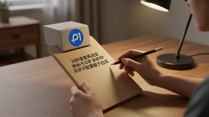 一只手用铅笔在木质小写字板上打勾,另一只手扶稳,暖色侧光投下长影,象征购买决策前的自查动作
