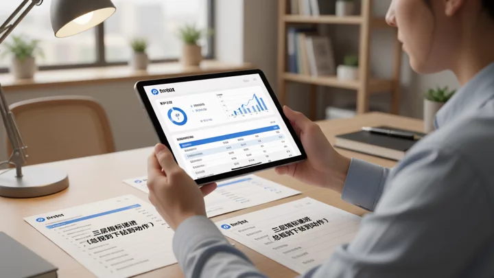 三层指标结构示意:总览、下钻、动作递进排列