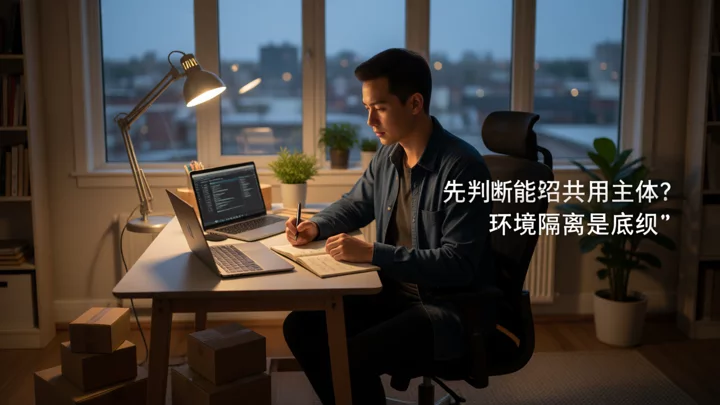 一个人坐在家庭办公桌前,手写笔记并核对两台电脑,旁边有包裹