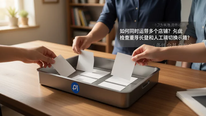 三个人把各自的空白纸单放进桌面上同一个金属收件盘,示意三条业务线汇入一个任务池