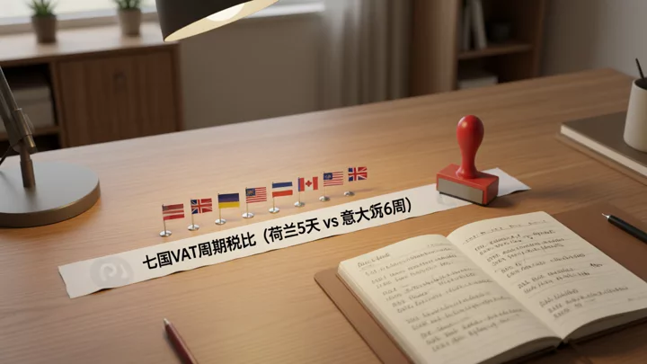 七国 VAT 注册周期对比:桌面上的国旗标记与手写时间线
