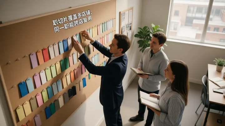 一名运营负责人在毛毡板上按行排列空白彩色标签,两名同事在旁记录,示意按职能跨店分工