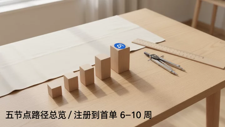 五个递进节点的路径示意:从注册主体到首单发货的五个阶段