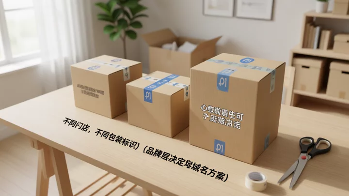 三个用不同颜色胶带封口的牛皮纸箱并排放在木桌上,对应不同店铺的品牌区分