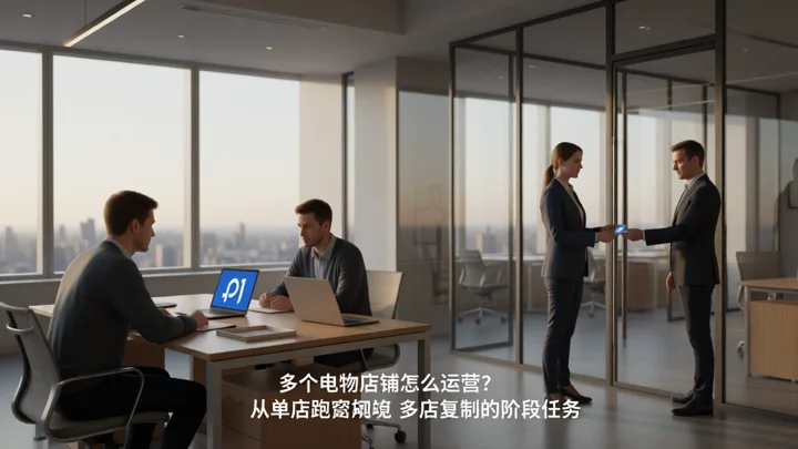 办公室内三名成员各自使用独立的笔记本和文件盘,负责人在门口把一张门禁卡交给其中一人
