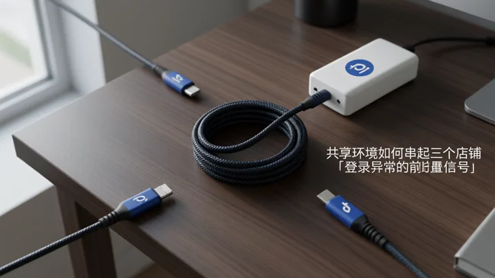 三根独立的充电线在同一个插排前缠成一团,示意三个店铺共用同一套登录环境后信号被串到一起