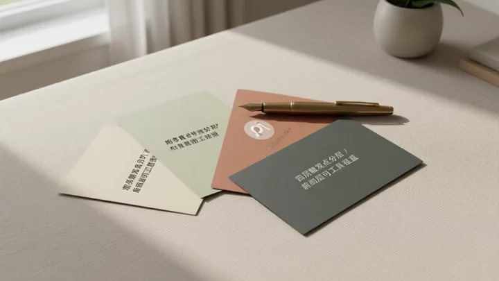 四张不同颜色的卡片呈扇形展开在亚麻桌面上,一支黄铜笔斜放在最上面一张上,象征四层风控触发点的分层结构