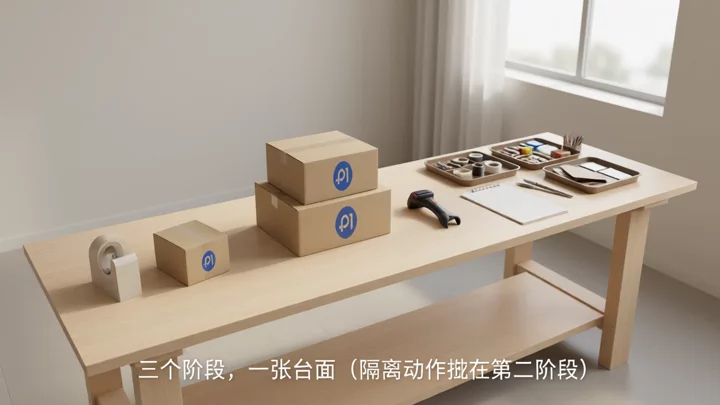 同一张工作台上从左到右摆放着数量与复杂度递增的打包工具和包裹,呈现单店到多店的三个阶段