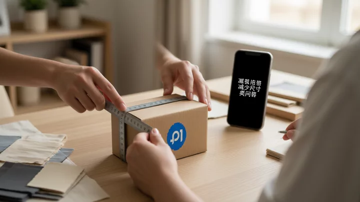 卖家在桌面上用尺子测量商品包装尺寸,为刊登准备尺寸参照照片