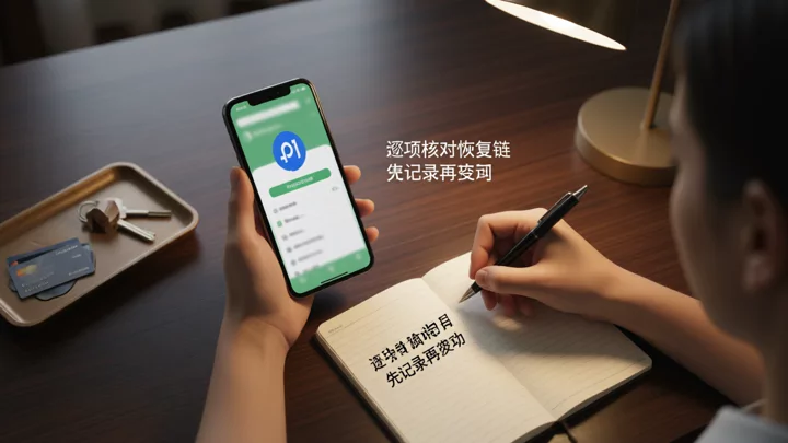 桌前的人一手持手机查看验证状态,一手在无格笔记本上逐项记录