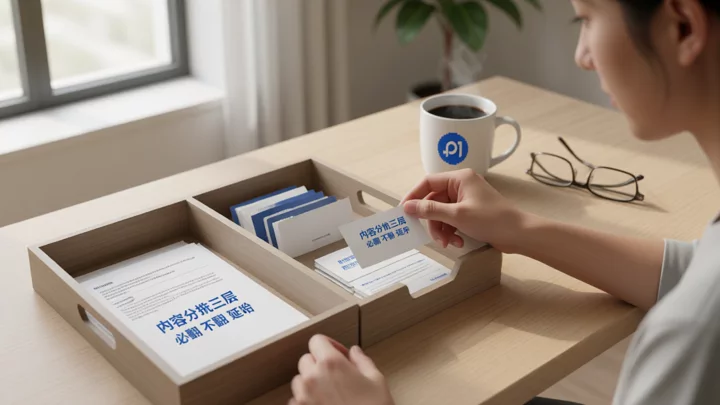 一只手把卡片分进三个文件托盘，示意多语言内容分拣的三层边界