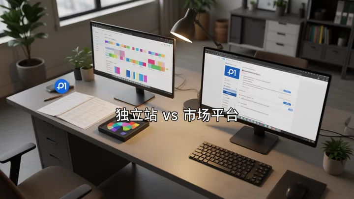 Shopify独立站与eBay市场两种数据主权方向的对比:左侧为自主定价的独立站工作区,右侧为受平台规则约束的市场化listing操作区