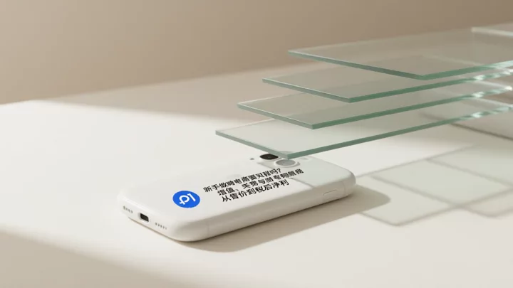 一件商品上方叠放五层逐渐变薄的透明玻璃板，象征售价逐层扣减佣金、物流、关税、增值税、所得税后落到税后净利
