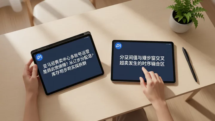 双手同时操作两套设备,示意分配规则与同步窗口在时间轴上的交叉冲突