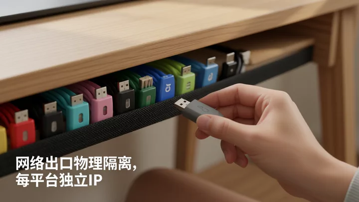 桌面下整理好的彩色线缆与独立网络接口,象征多平台物理隔离