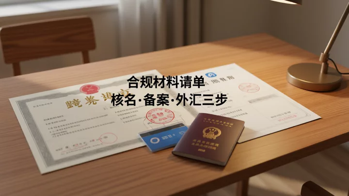 跨境电商合规材料:营业执照、海关备案表与电子口岸卡并列摆放