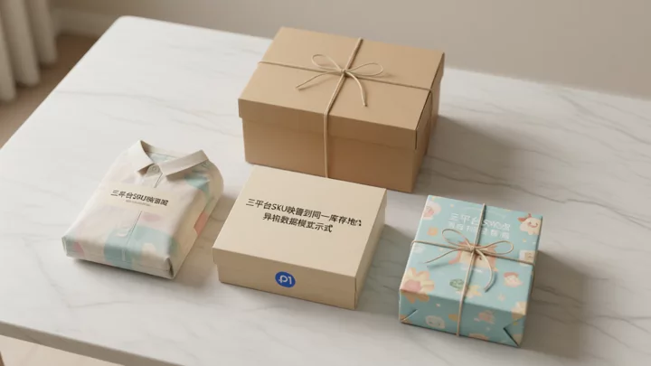 三組不同形態的商品包裝透過細線連接到同一個中心倉箱,示意三平台 SKU 映射到統一庫存池的關係