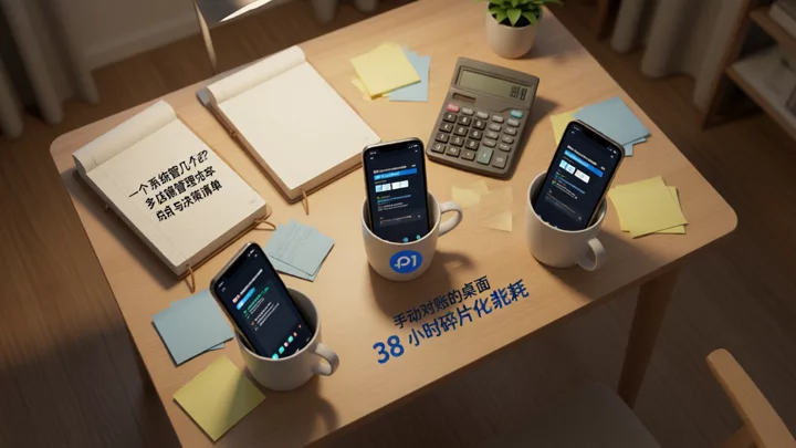 多店铺手动管理时的桌面场景:三份记录叠放,时间被碎片化消耗