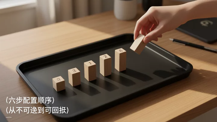 六块不同大小的木块按递减顺序排列在黑色托盘上,手正放下最后一块,示意从高风险到低风险的六步配置顺序