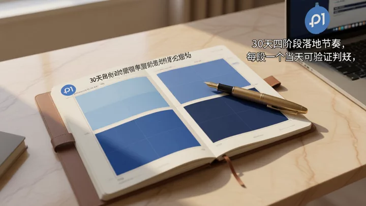 打開的計畫本上四格漸變色區塊,對應30天落地的四個階段