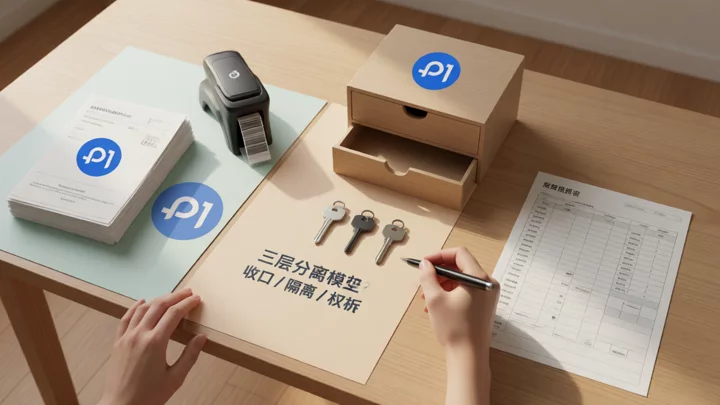 桌面三区分层示意:左侧业务流集中区、中间账号资产隔离区、右侧权限分层区