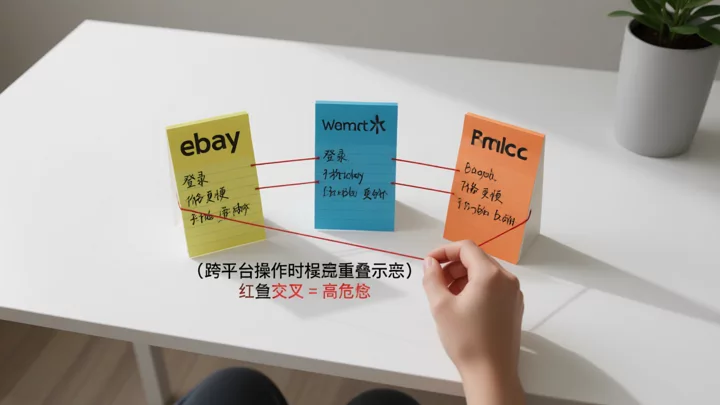 三列便利貼分別代表 eBay、Walmart、速賣通的操作時序,紅色細線連接同一行,直觀展示跨平台操作重疊