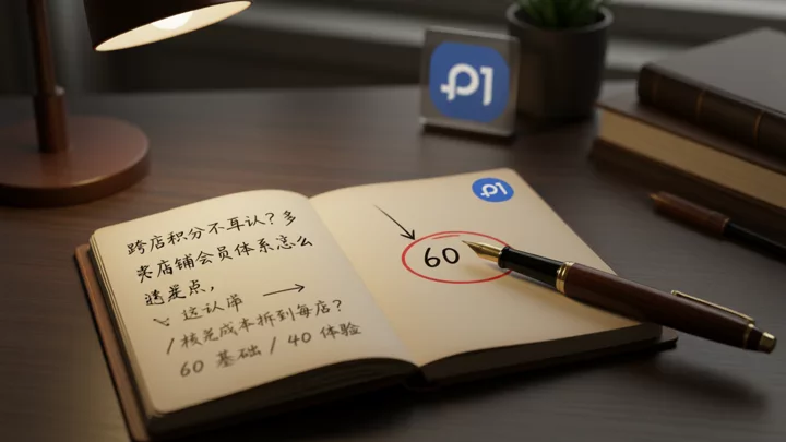 一本摊开的账本,左侧分列各店核销成本,右侧汇总为统一数字,示意跨店积分成本分摊到每店损益表