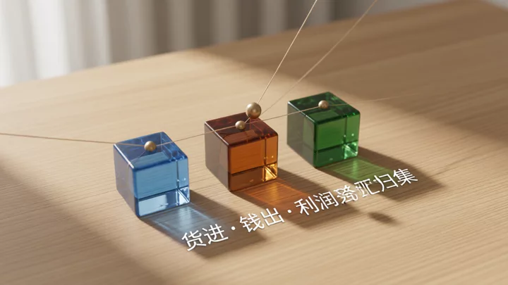 三种颜色的玻璃方块与一个黄铜小球，象征货进、钱出、利润归集三条业务流汇合到税后利润节点