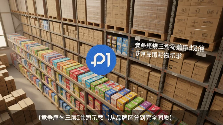 层层递进的商品货架示意:前排有品牌区分,后排趋于同质化,隐喻竞争壁垒从评论到广告再到同质化的三层封死过程
