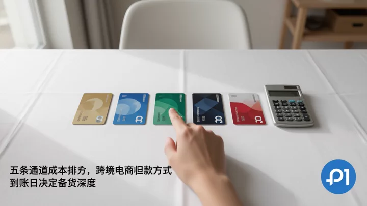 五类跨境收款通道按成本排列的桌面示意