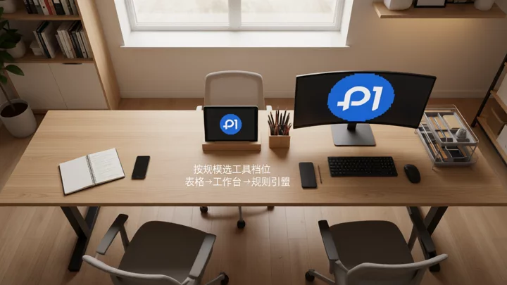 同一张长桌从左到右依次摆放笔记本、平板和双屏工作站,对应三档团队规模的工具形态