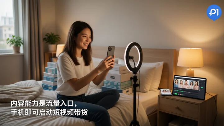 一人团队用手机拍摄 TikTok Shop 带货短视频的工作场景
