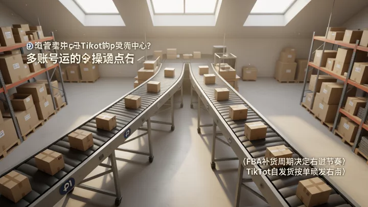 两条并排行走的包裹传送带，左侧间距宽代表FBA补货周期，右侧间距密代表TikTok Shop自发货节奏