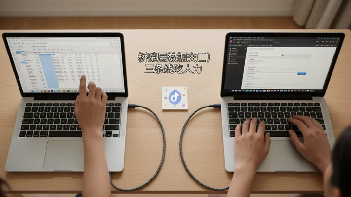 两台笔记本通过数据线连接，桌面中央放着便签，示意桥接层数据流向