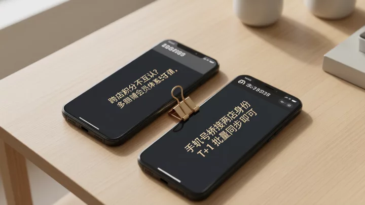 两部手机并排放置,分别显示不同店铺的会员界面,一枚回形针桥接两者,示意以手机号为桥接键打通身份