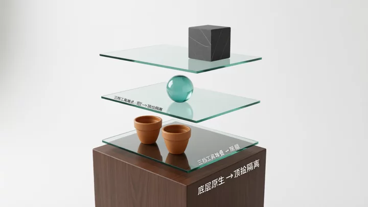 三层透明玻璃置物架从大到小堆叠,顶层与中层之间有一道可见间隙,代表 2–3 店、5–7 店、8–10 店三档工具逐层叠加且顶层需隔离
