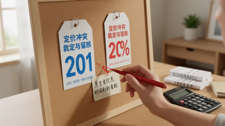 定价冲突裁定过程：原生平台价优先于工具侧促销，留痕字段记录两侧价格与裁定依据