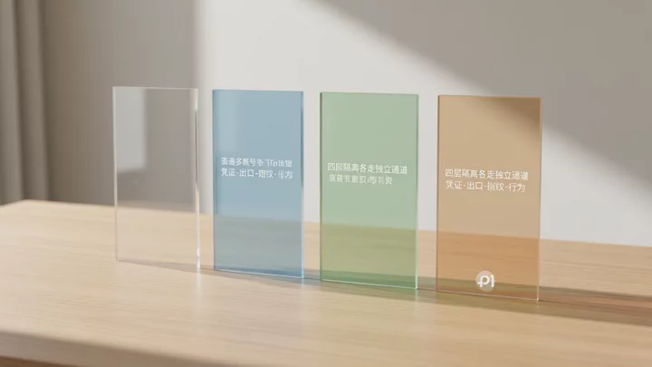 四块不同色调的玻璃面板立在木质桌面上,象征四层隔离信号各占一个独立通道