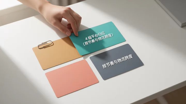 四张不同颜色的卡片按 2×2 排列在桌面上,一只手正拿起其中一张,示意将多个平台按运营节奏重新归组