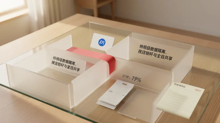玻璃隔断将库存卡、价格卡、订单单和客服卡分置于四个独立区域,红色胶带封住一条跨区通道,示意字段级数据隔离规则