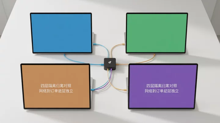 四层隔离架构示意:网络出口、登录凭据、库存同步、订单路由分别对应独立通道